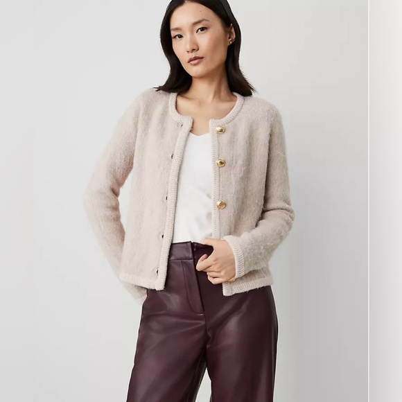 ANN TAYLOR Brushed Sweater Jacket Tan/Beige Gold Buttons Sz Large Cozy Luxe‎ - Picture 1 of 13